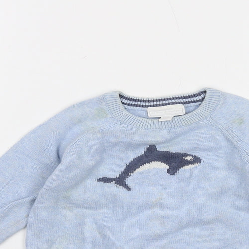 The Little White Company Boys Blue Crew Neck Cotton Pullover Jumper Size 2-3 Years Pullover