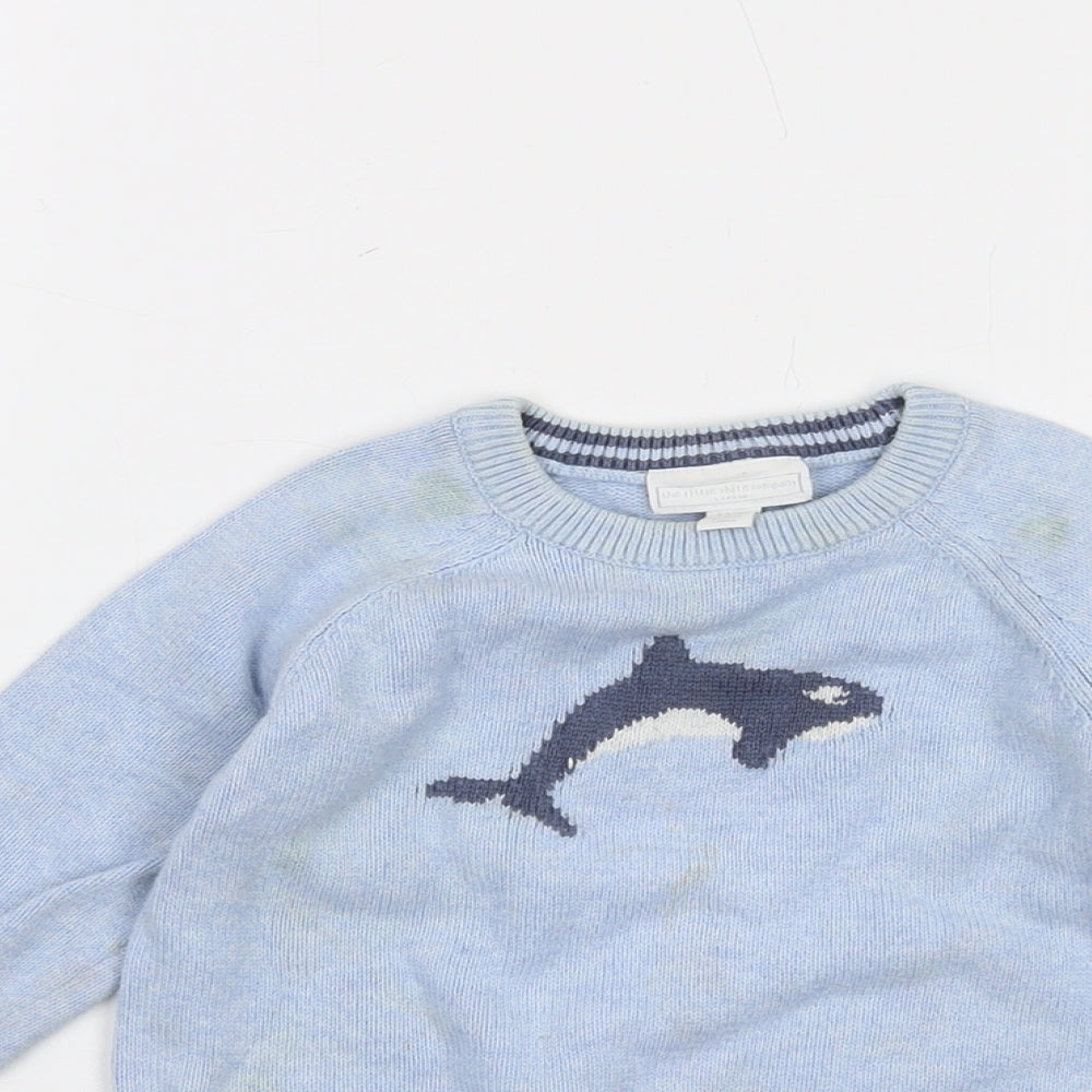 The Little White Company Boys Blue Crew Neck Cotton Pullover Jumper Size 2-3 Years Pullover