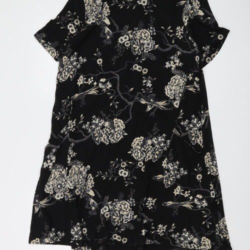 Fat Face Womens Black Floral Cotton A-Line Size 14 Round Neck Button