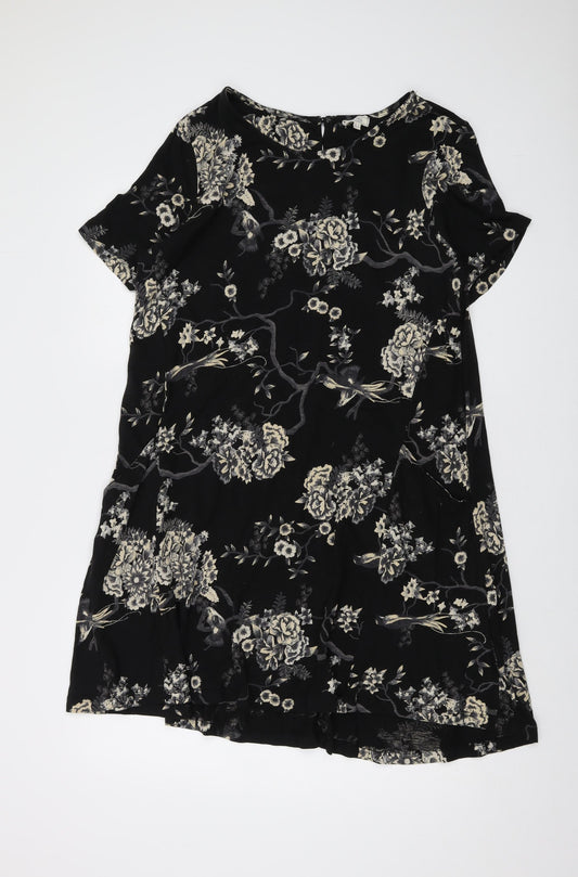 Fat Face Womens Black Floral Cotton A-Line Size 14 Round Neck Button