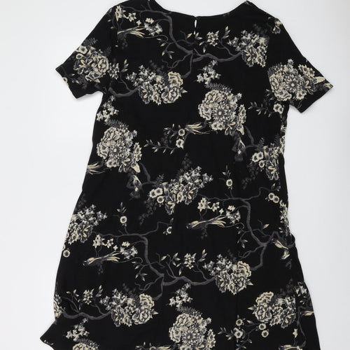 Fat Face Womens Black Floral Cotton A-Line Size 14 Round Neck Button