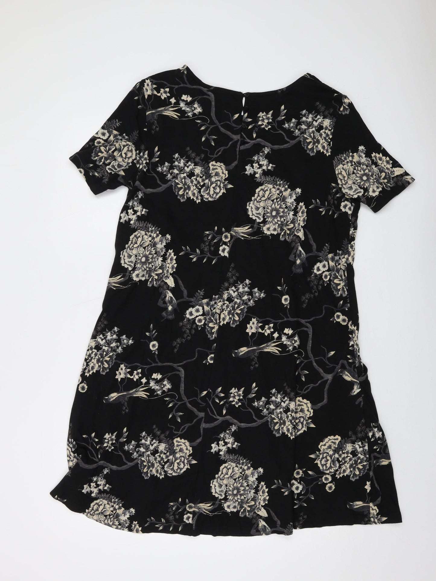 Fat Face Womens Black Floral Cotton A-Line Size 14 Round Neck Button