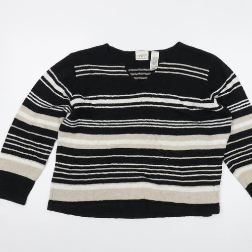 Villager Womens Black V-Neck Striped Ramie Pullover Jumper Size L