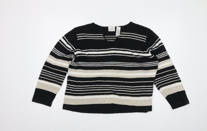 Villager Womens Black V-Neck Striped Ramie Pullover Jumper Size L