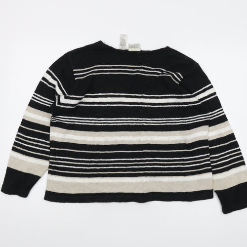 Villager Womens Black V-Neck Striped Ramie Pullover Jumper Size L