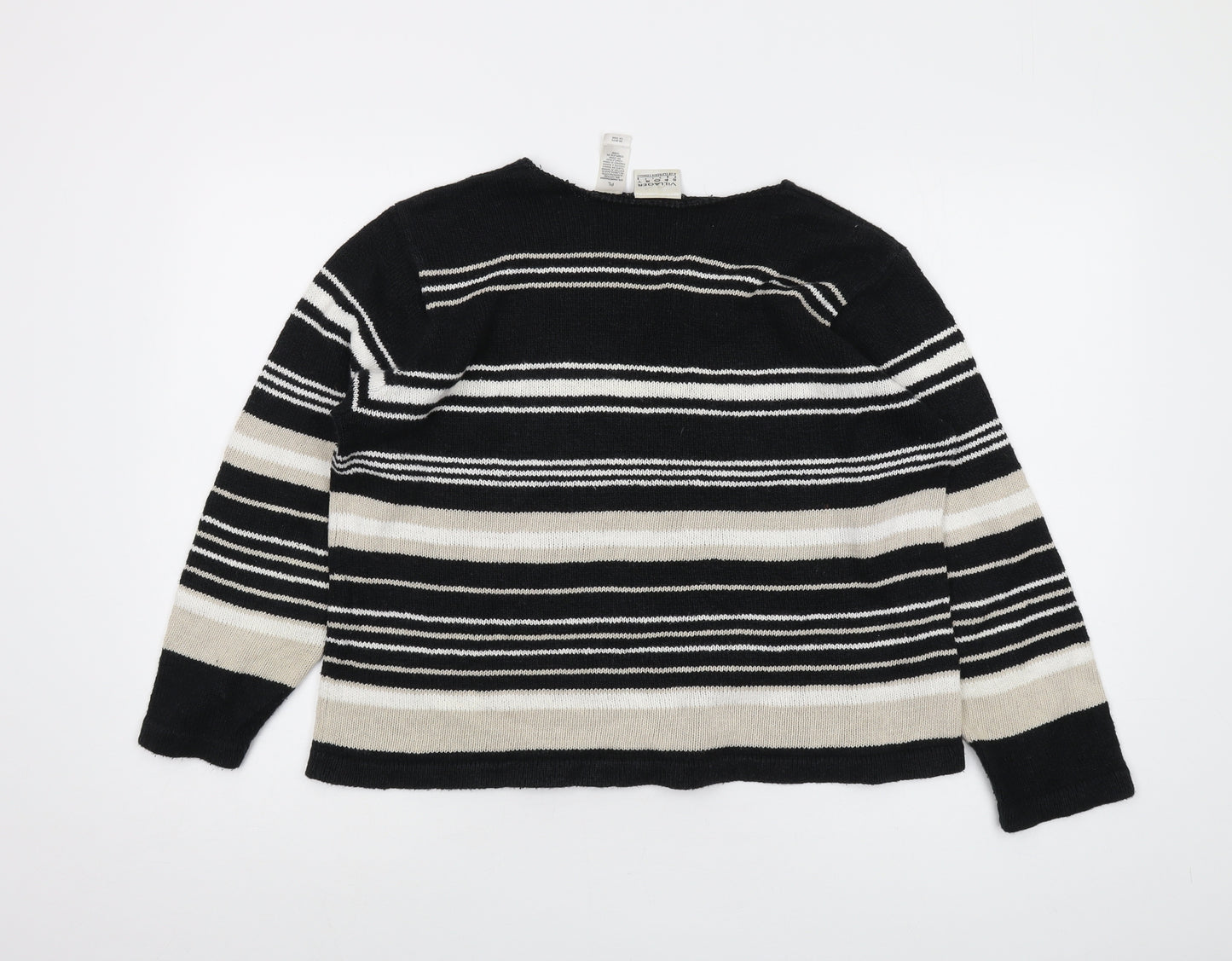 Villager Womens Black V-Neck Striped Ramie Pullover Jumper Size L