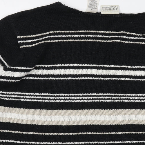 Villager Womens Black V-Neck Striped Ramie Pullover Jumper Size L