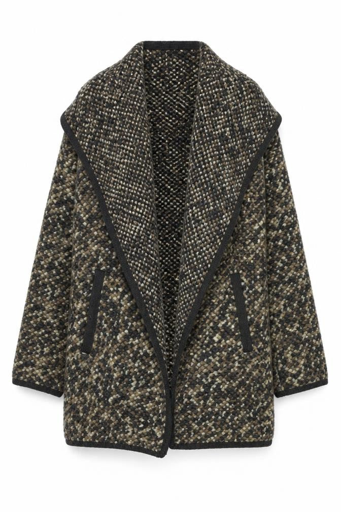 Front view of Monsoon women’s beige v-neck polyester cardigan jumper, size S