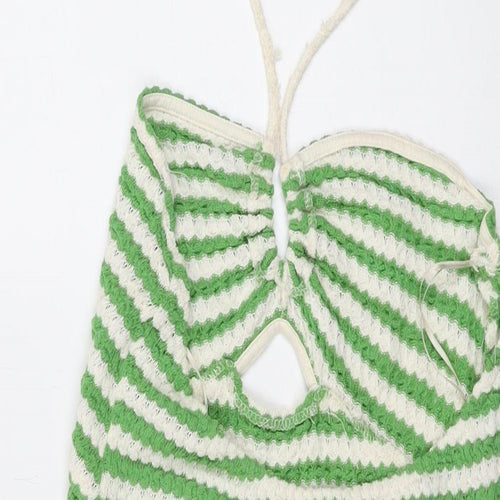 Pull&Bear Womens Green Striped Cotton Mini Size XL Square Neck Tie
