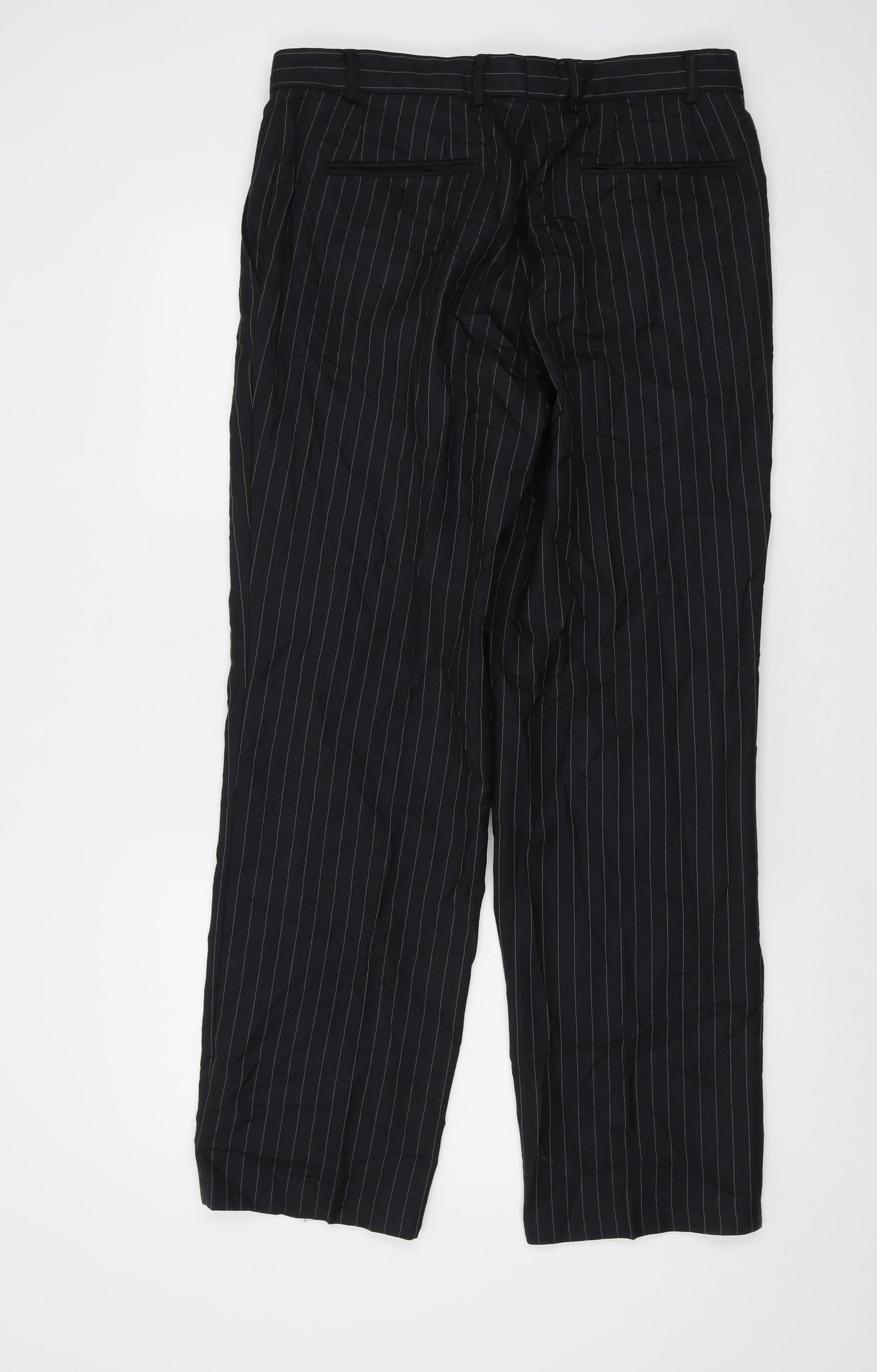 Brook Taverner Mens Black Striped Wool Trousers Size 34 in L30 in Regular Button