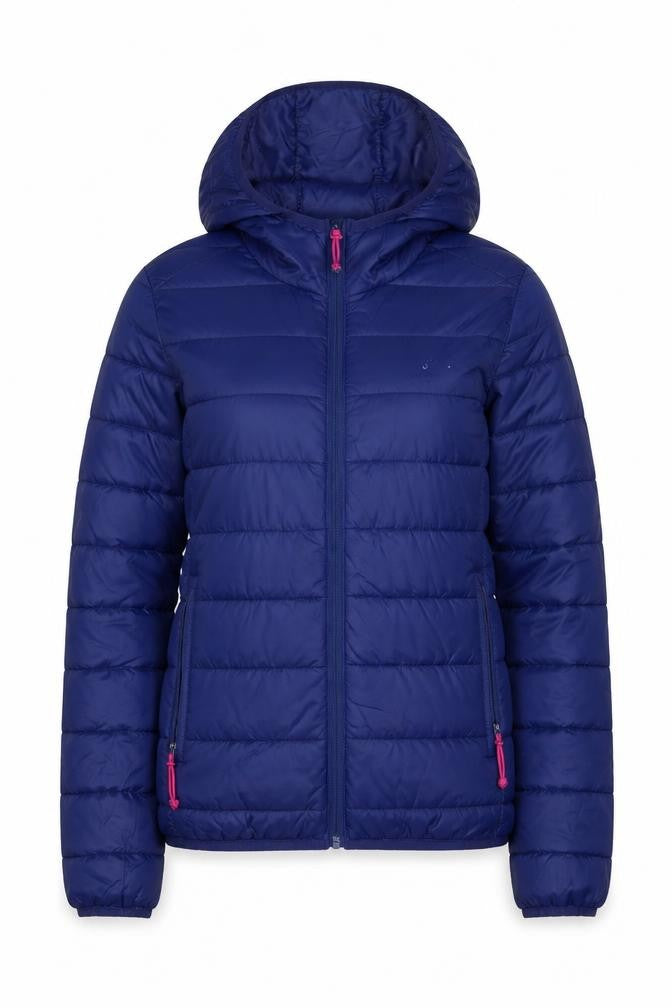 Front view of Freedom Trail women’s blue puffer jacket jacket, size UK 8, zip