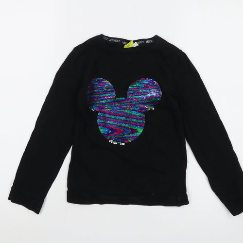 Disney Girls Black Cotton Basic T-Shirt Size 7-8 Years Crew Neck Pullover - Mickey Mouse