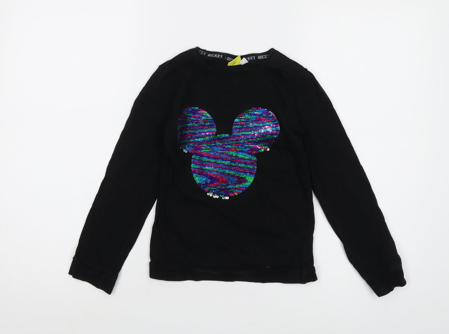 Disney Girls Black Cotton Basic T-Shirt Size 7-8 Years Crew Neck Pullover - Mickey Mouse