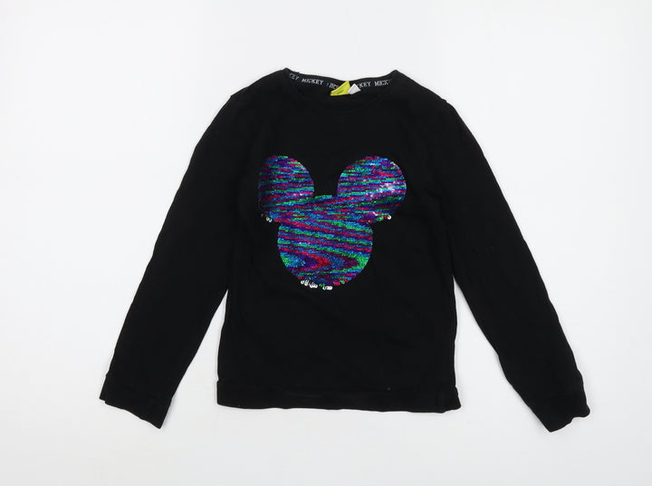 Disney Girls Black Cotton Basic T-Shirt Size 7-8 Years Crew Neck Pullover - Mickey Mouse