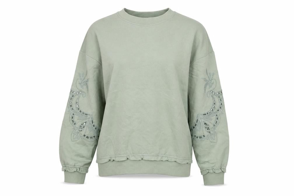 Front view of Autonomy women’s green cotton pullover sweatshirt, size S, pullover