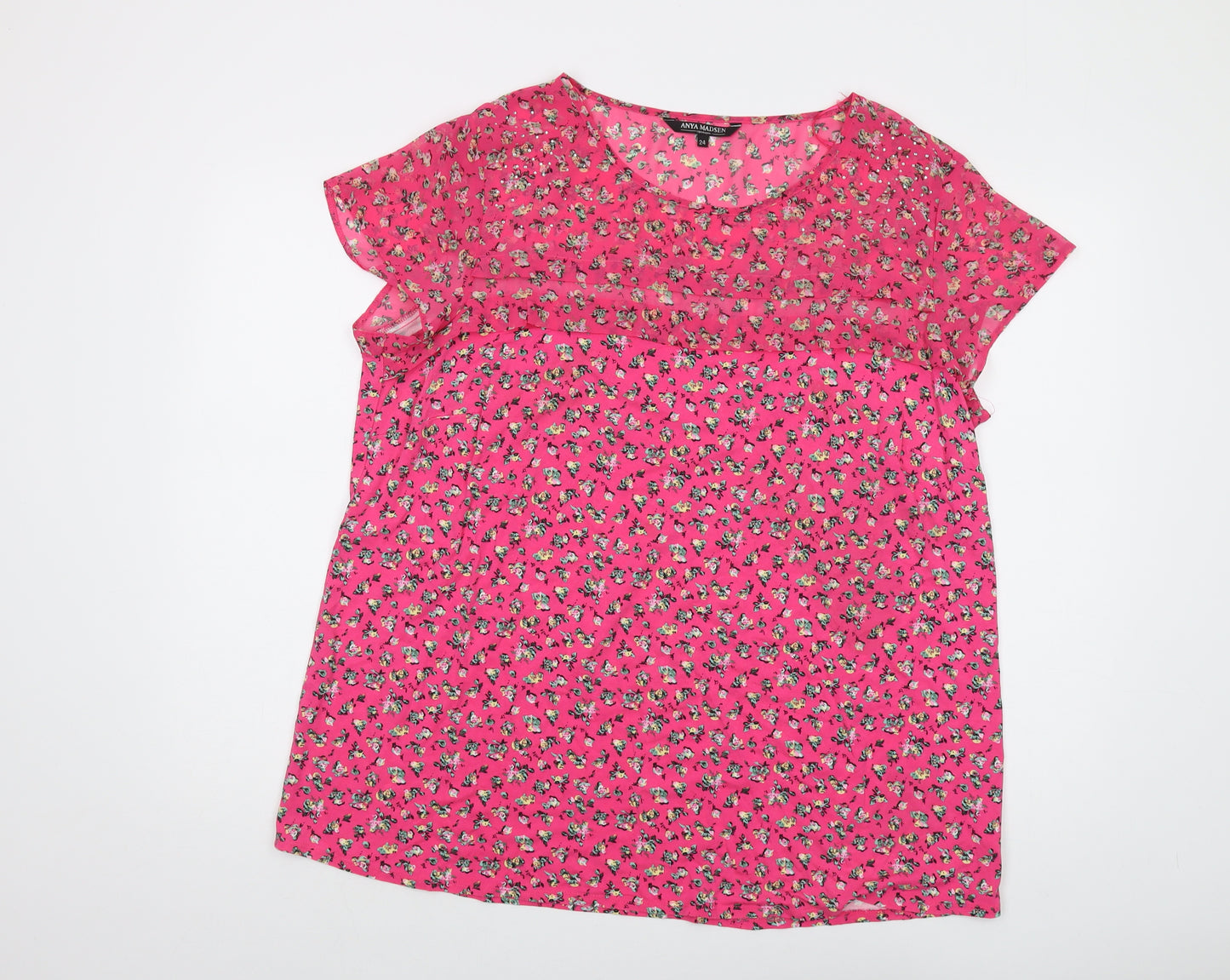 Anya Madsen Womens Pink Floral Polyester Basic T-Shirt Size 24 Round Neck