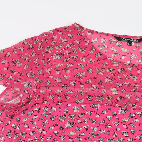 Anya Madsen Womens Pink Floral Polyester Basic T-Shirt Size 24 Round Neck
