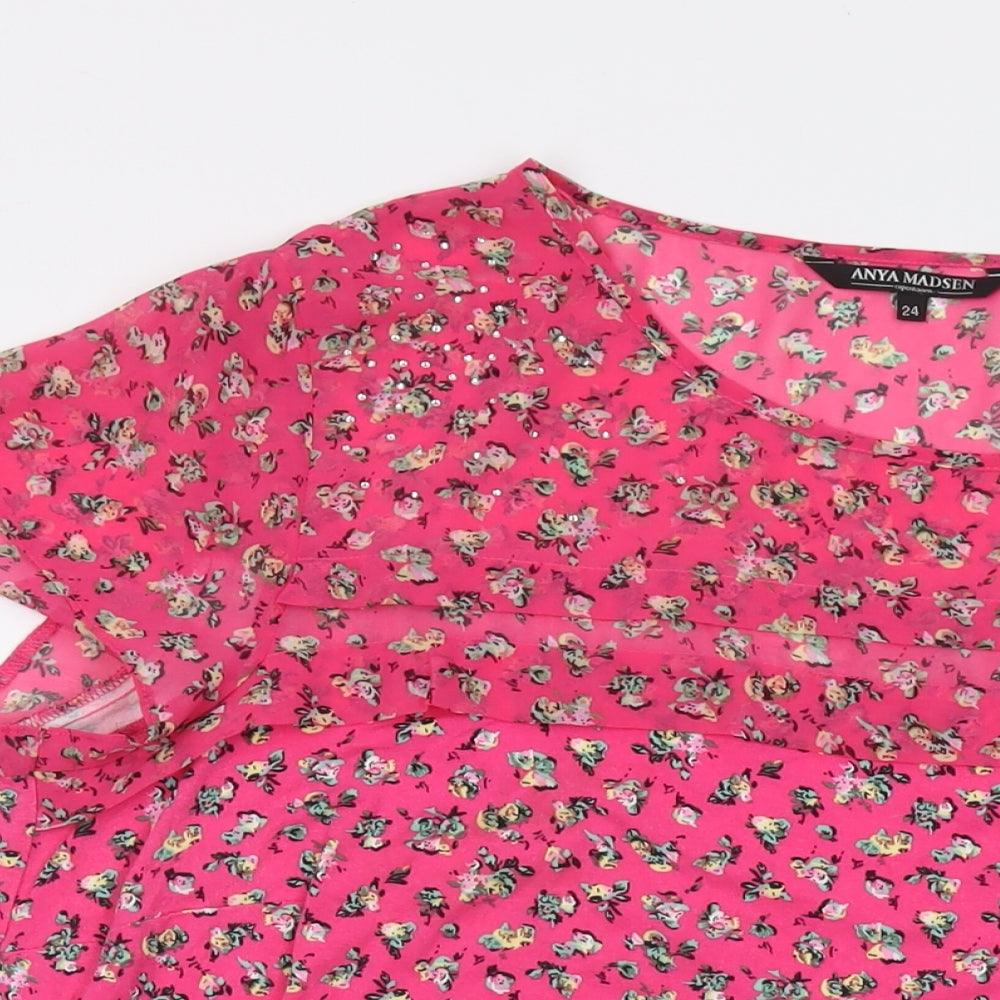 Anya Madsen Womens Pink Floral Polyester Basic T-Shirt Size 24 Round Neck