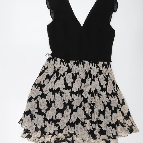 Oasis Womens Black Floral Polyester A-Line Size 6 V-Neck Zip