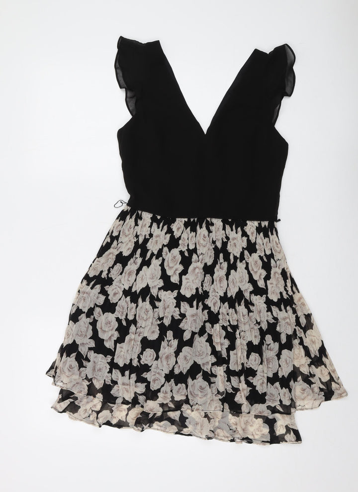 Oasis Womens Black Floral Polyester A-Line Size 6 V-Neck Zip