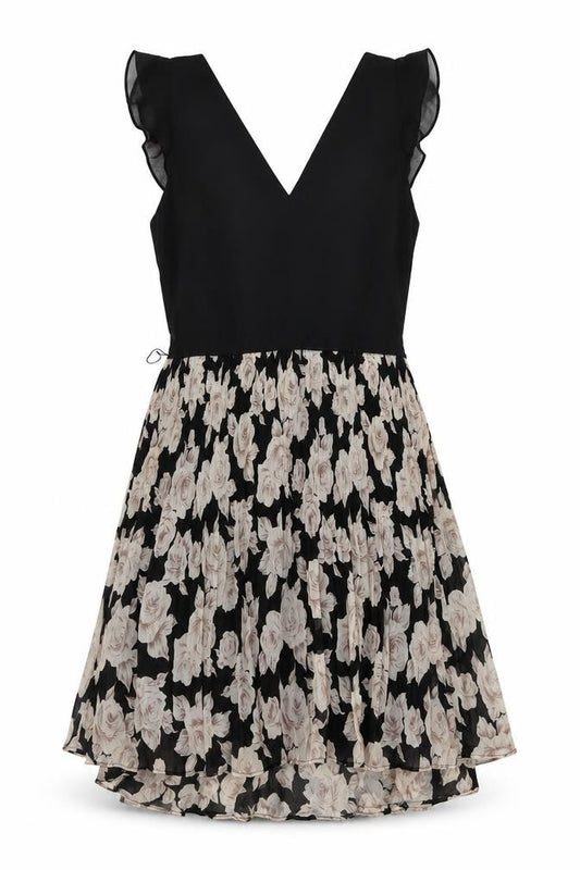 Front view of Oasis women’s black floral polyester a-line, size UK 6, v-neck zip