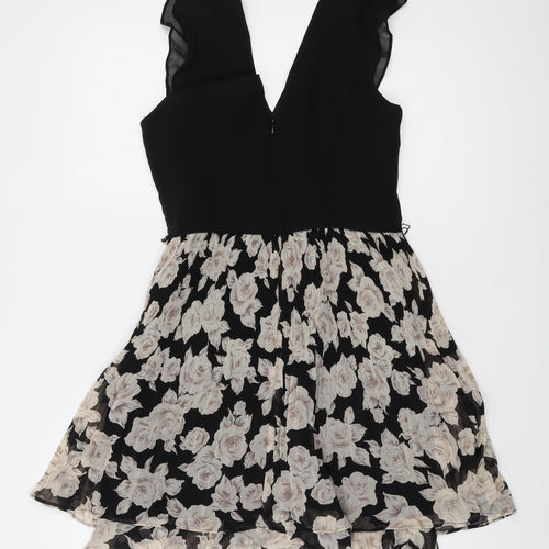 Oasis Womens Black Floral Polyester A-Line Size 6 V-Neck Zip