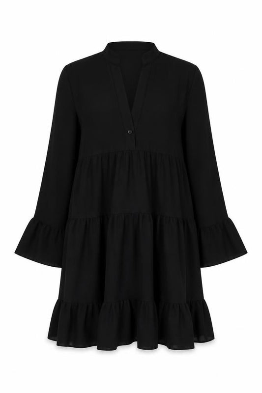 Front view of Cameo Rose women’s black polyester a-line, size S, v-neck button