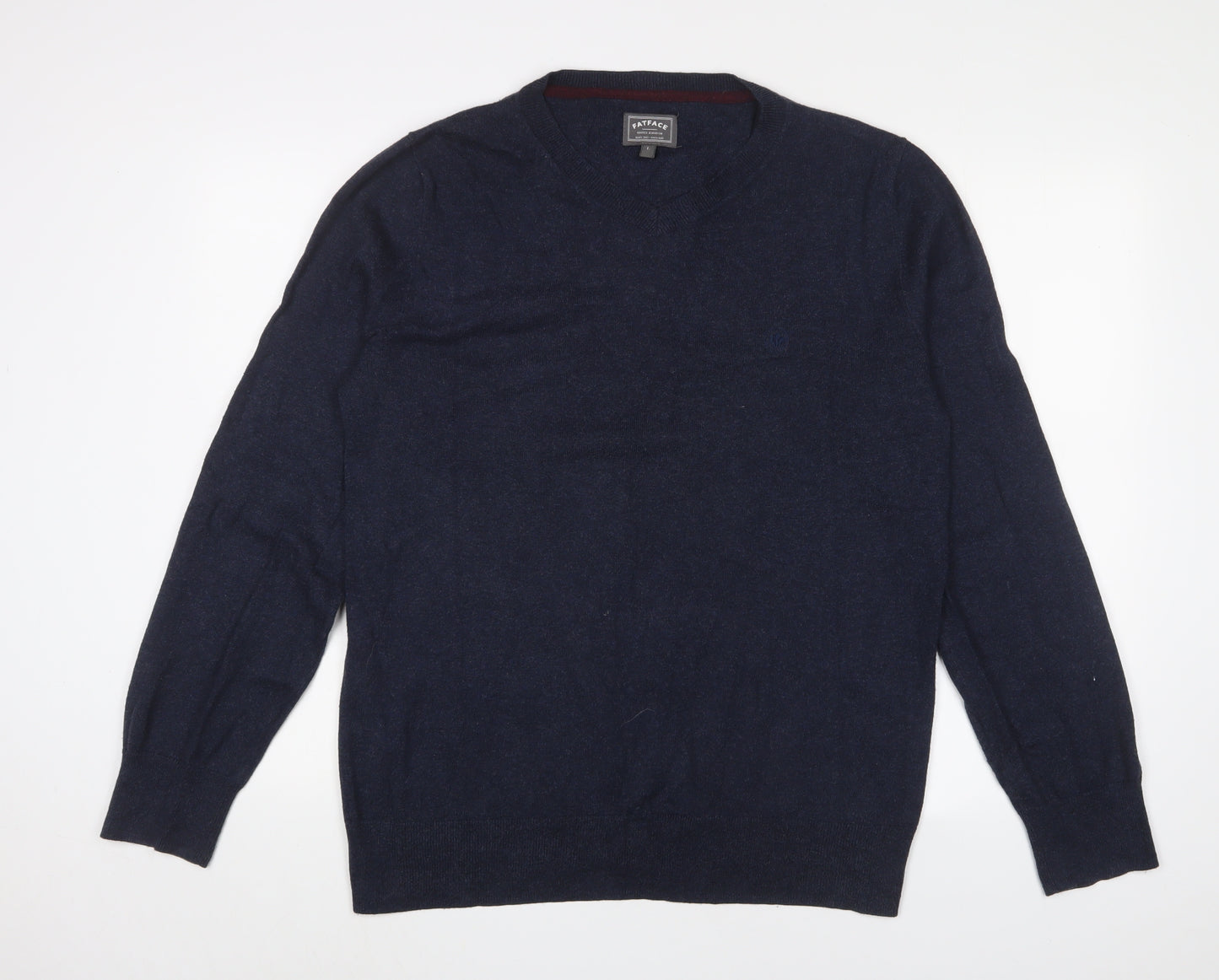 Fat Face Mens Blue V-Neck Cotton Pullover Jumper Size L Long Sleeve