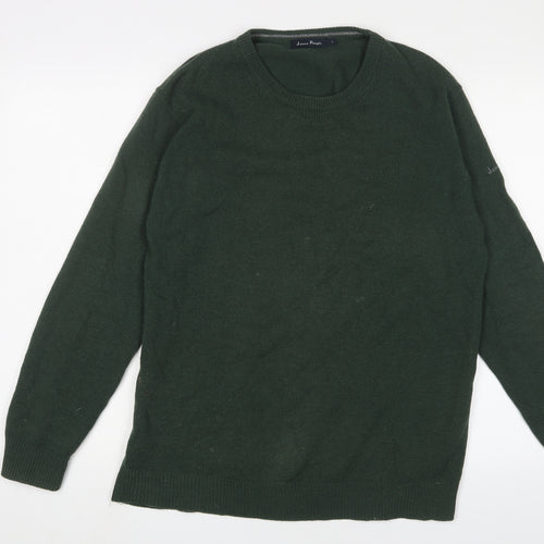 James Pringle Mens Green Crew Neck Wool Pullover Jumper Size L Long Sleeve - Logo, Embroidered