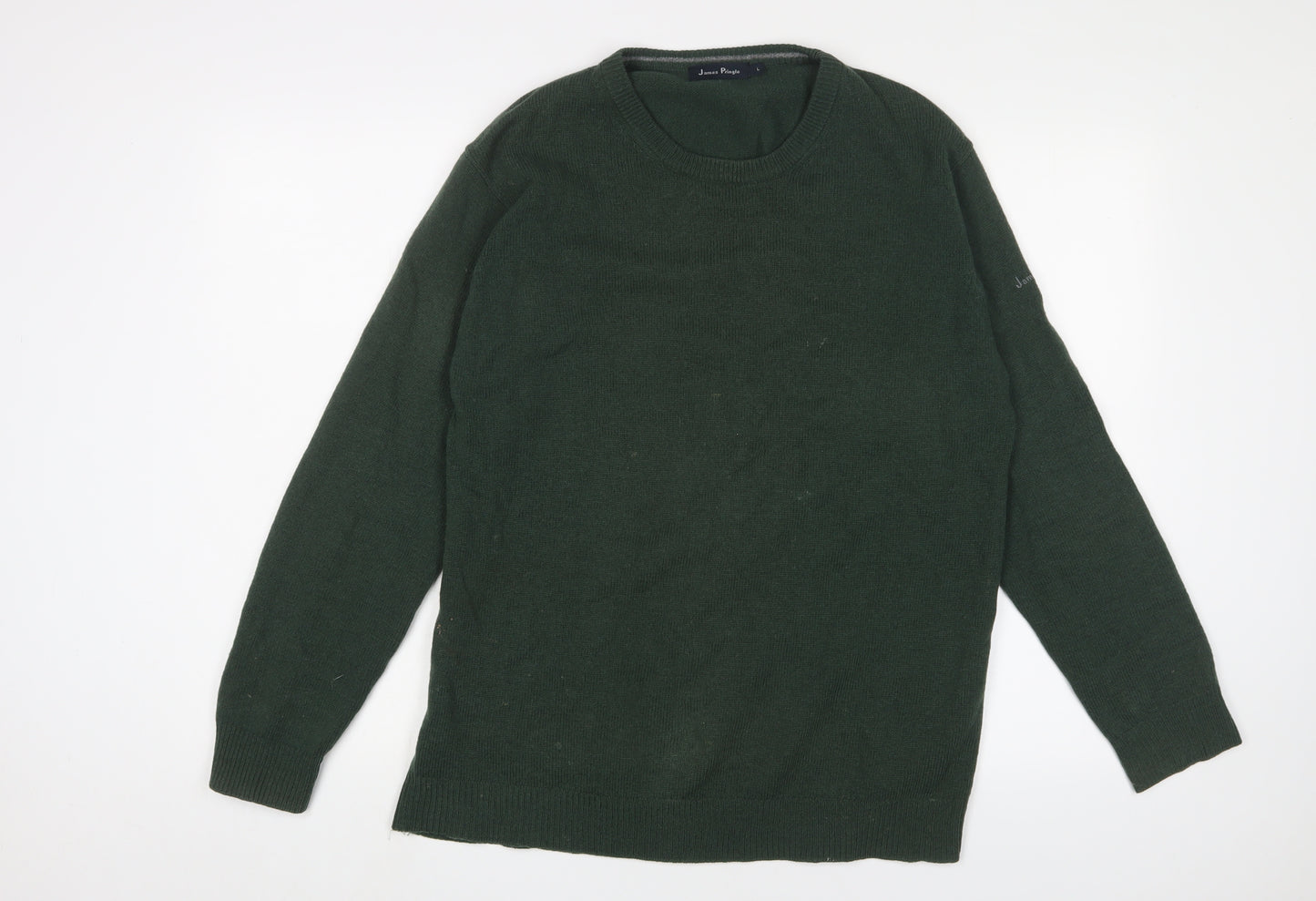 James Pringle Mens Green Crew Neck Wool Pullover Jumper Size L Long Sleeve - Logo, Embroidered