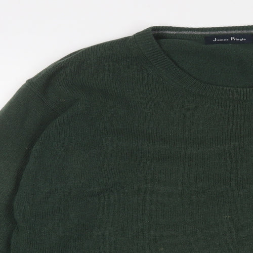 James Pringle Mens Green Crew Neck Wool Pullover Jumper Size L Long Sleeve - Logo, Embroidered