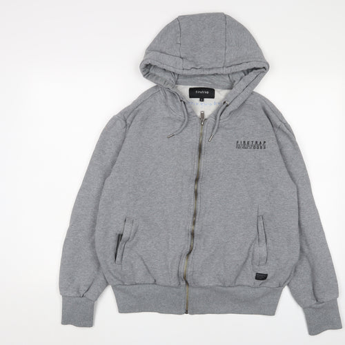 Firetrap Mens Grey Cotton Full Zip Hoodie Size L - Logo