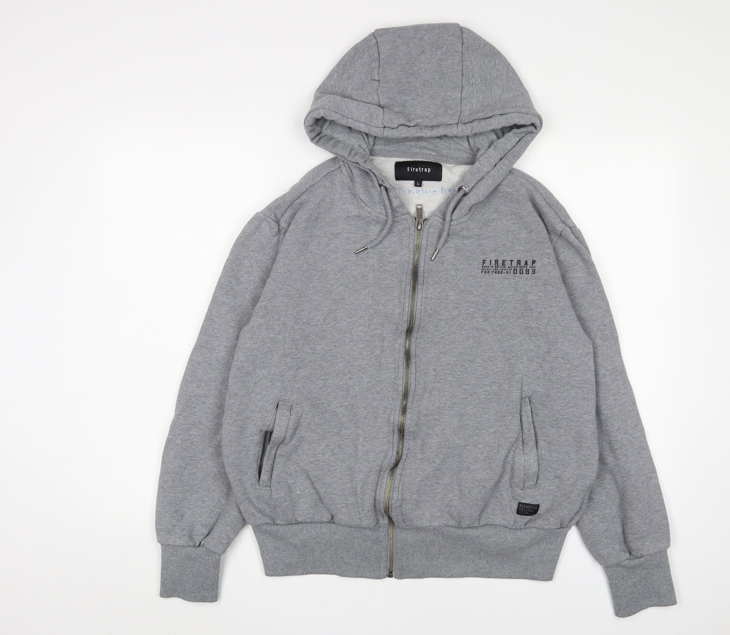 Firetrap Mens Grey Cotton Full Zip Hoodie Size L - Logo