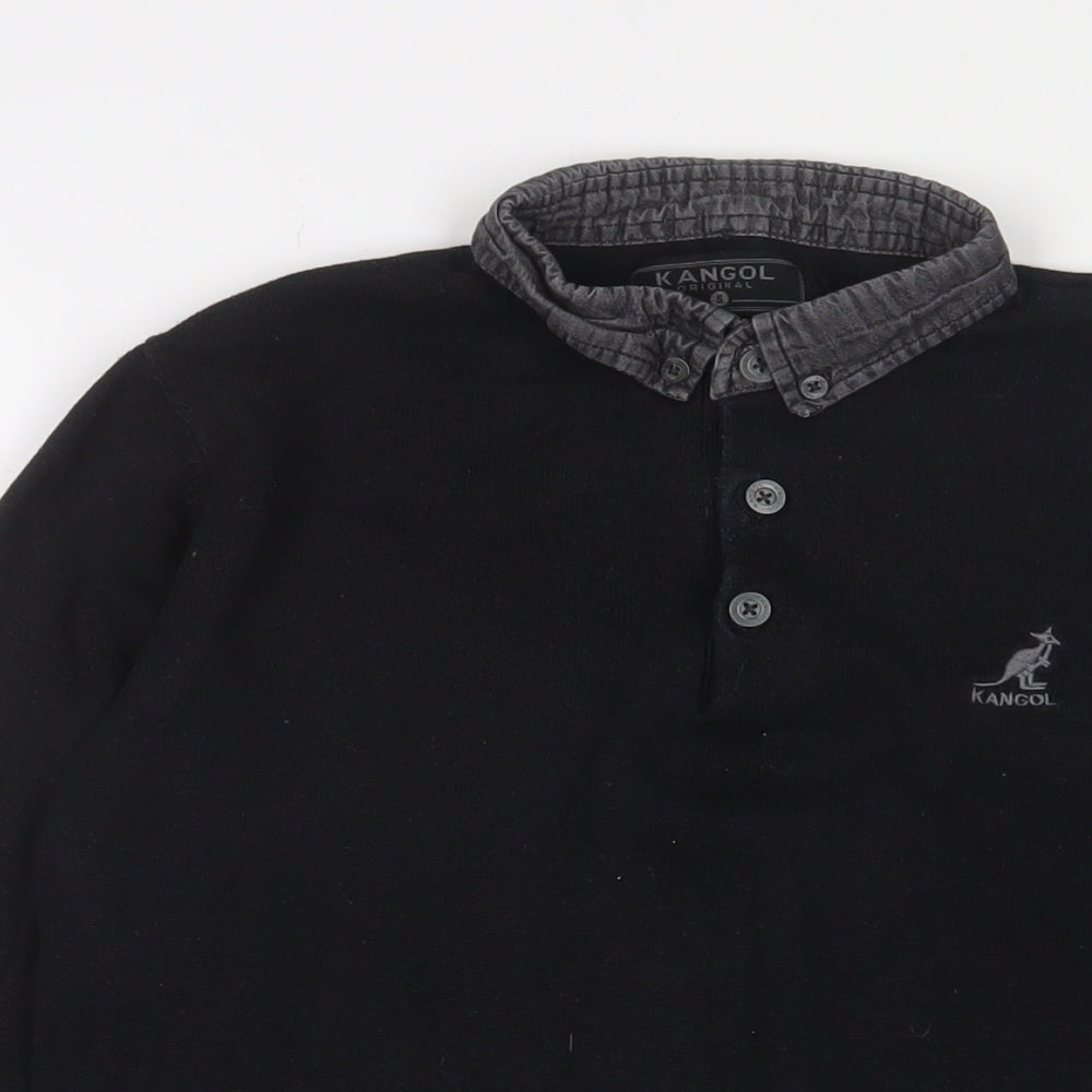 Kangol Mens Black Cotton Polo Size S Collared Button - Logo, Embroidered