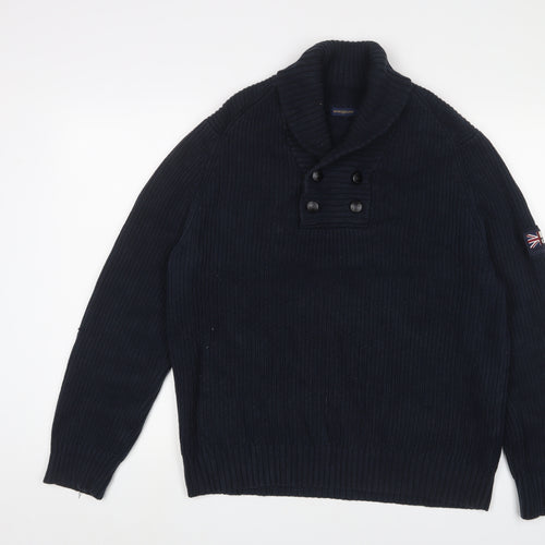 Henri Lloyd Mens Blue V-Neck Cotton Pullover Jumper Size L Long Sleeve - Logo, Embroidered