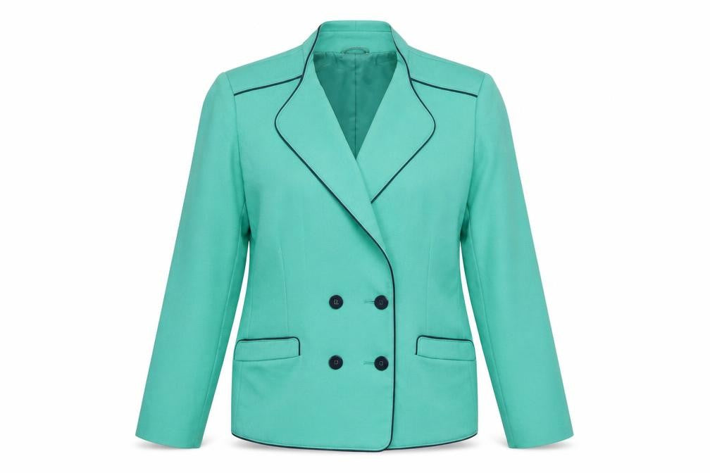 Front view of Lampert women’s green jacket blazer, size UK 14, button