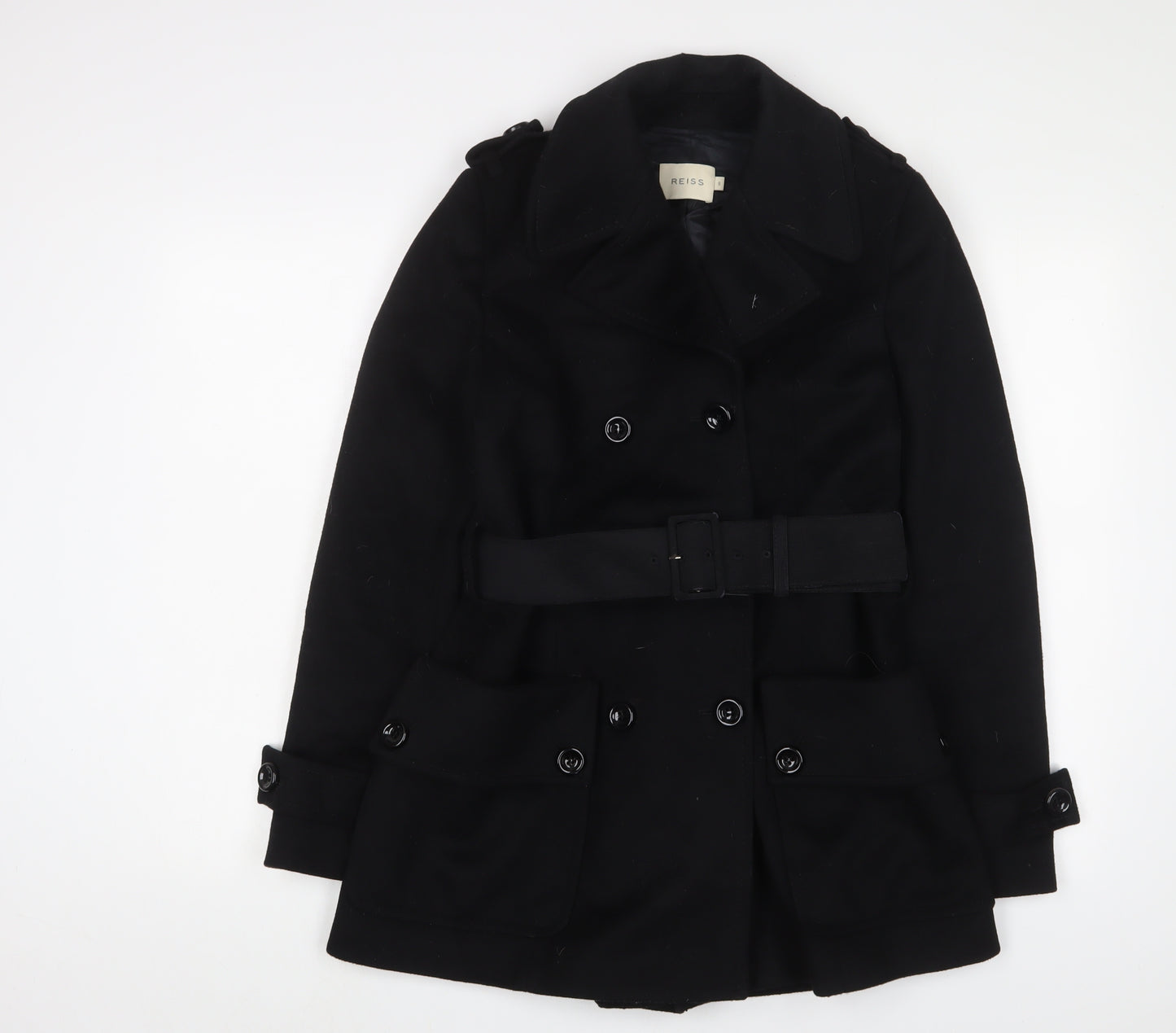 Reiss Womens Black Overcoat Coat Size S Button - Belted