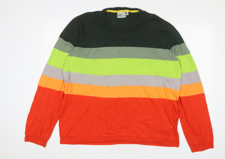 Wezc Mens Multicoloured Crew Neck Striped Cotton Pullover Jumper Size XL Long Sleeve