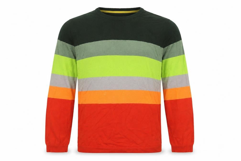 Front view of Wezc men’s multicoloured crew neck striped cotton jumper, size XL, long sleeve