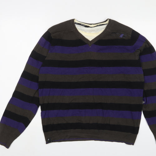 Dissident Mens Purple Crew Neck Striped Cotton Pullover Jumper Size XL Long Sleeve - Logo