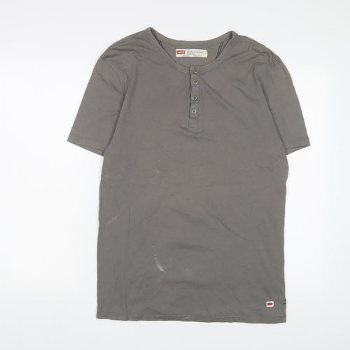 Levi's Mens Grey Cotton T-Shirt Size L Henley - Logo, Embroidered