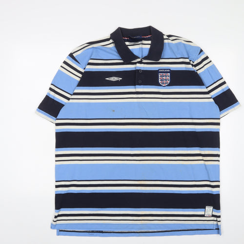 Umbro Mens Blue Striped Cotton Polo Size 2XL Collared Button - Logo, Embroidered