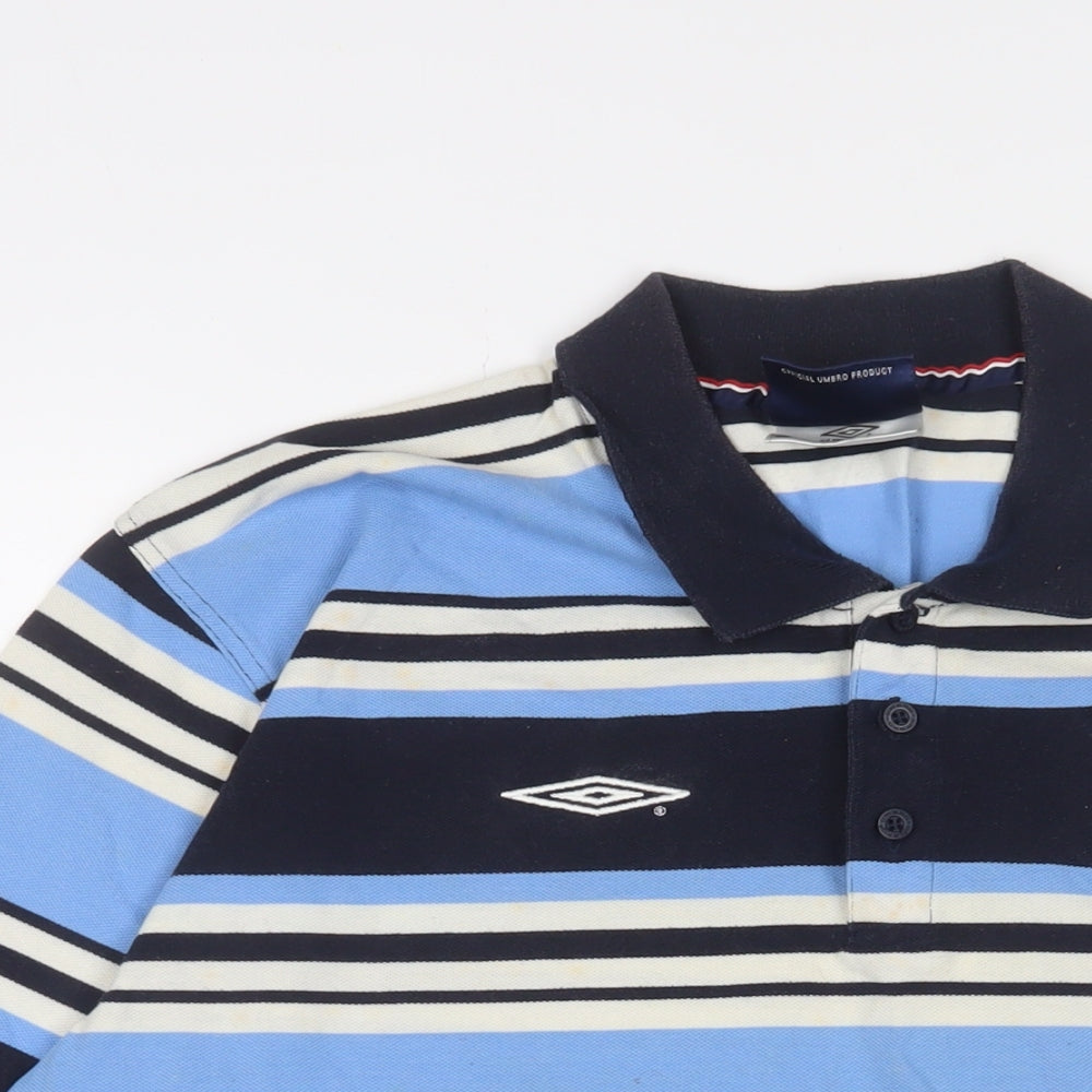 Umbro Mens Blue Striped Cotton Polo Size 2XL Collared Button - Logo, Embroidered