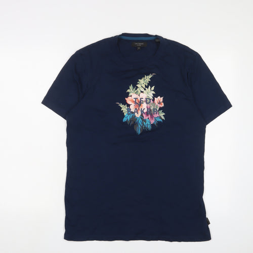 Ted Baker Womens Blue Floral Cotton Basic T-Shirt Size M Crew Neck - Logo