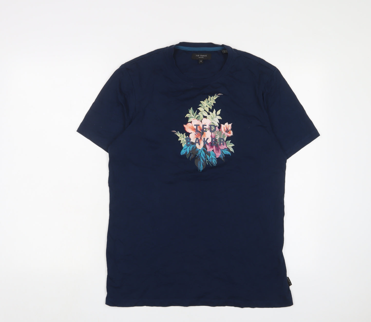 Ted Baker Womens Blue Floral Cotton Basic T-Shirt Size M Crew Neck - Logo