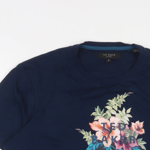 Ted Baker Womens Blue Floral Cotton Basic T-Shirt Size M Crew Neck - Logo