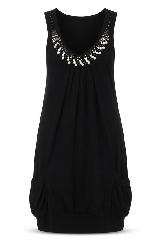Front view of Apricot women’s black viscose tank dress, size M, v-neck pullover - beaded