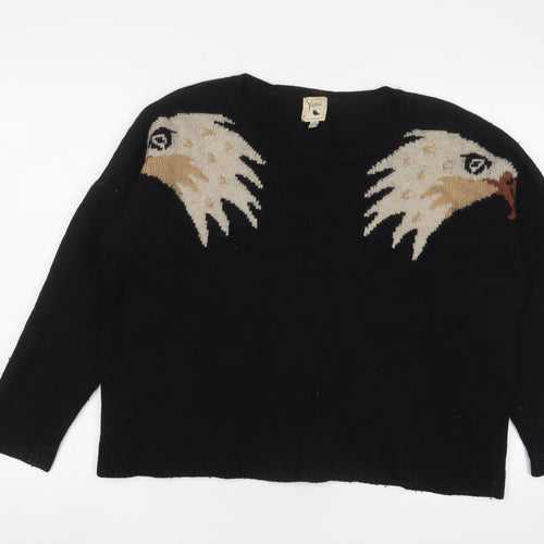 Yumi Womens Black Crew Neck Wool Pullover Jumper Size 12