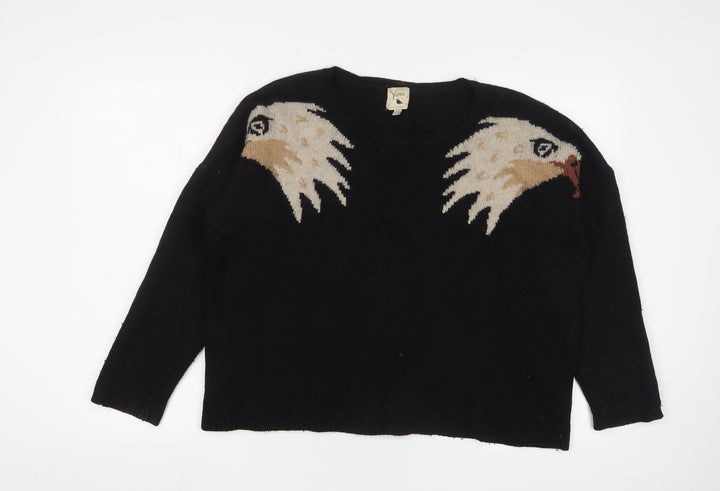 Yumi Womens Black Crew Neck Wool Pullover Jumper Size 12