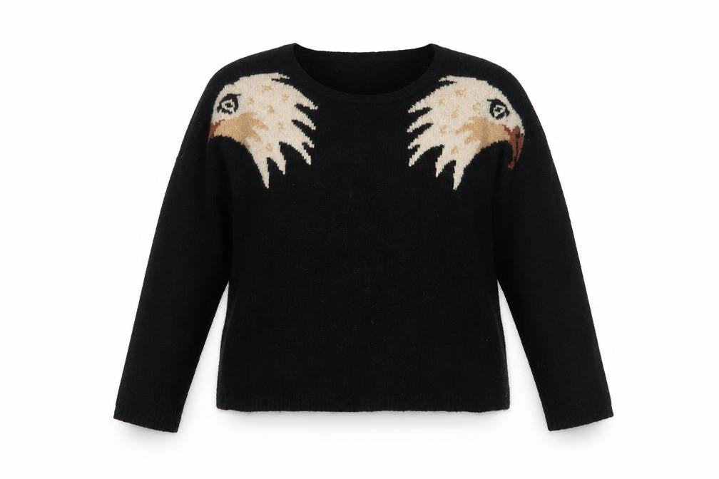 Front view of Yumi women’s black crew neck wool jumper, size UK 12
